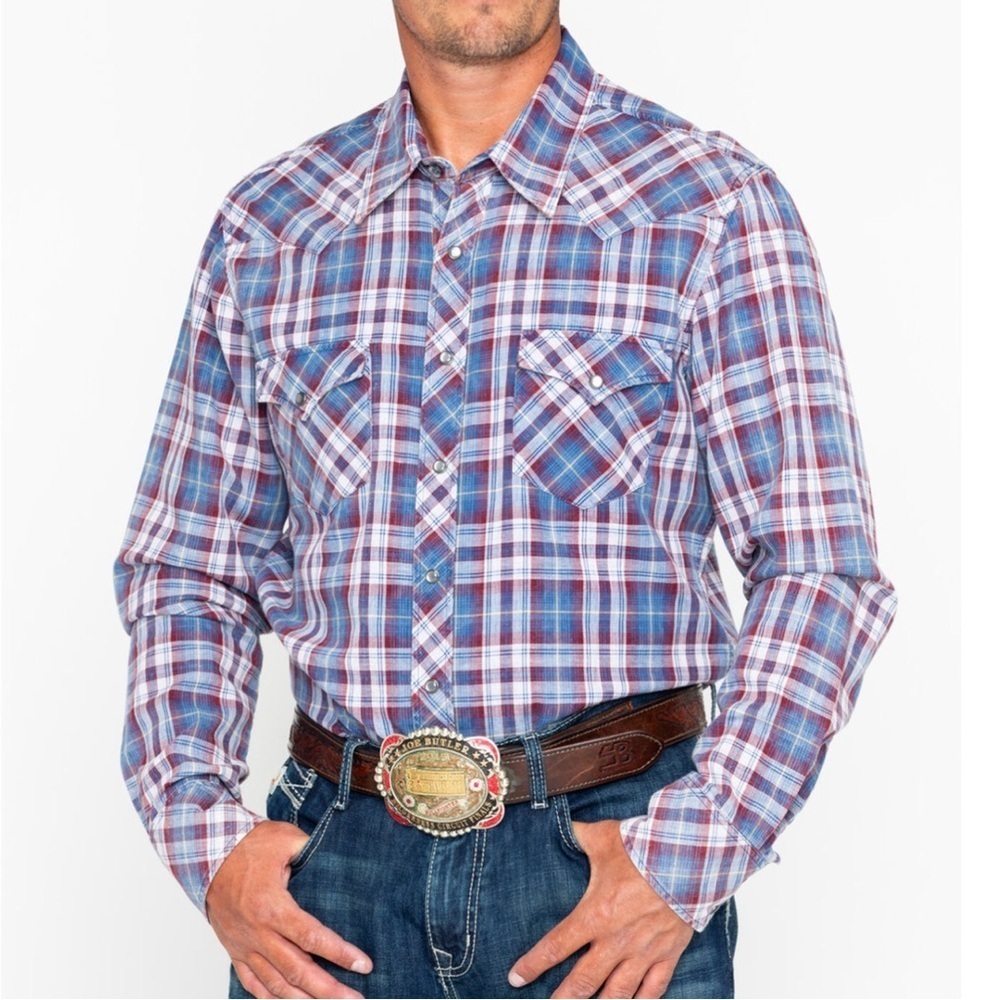 Rock & Roll Cowboy blue plaid western shirt Size Large